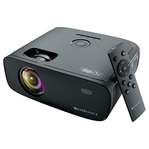 ZEBRONICS PIXAPLAY 55, Smart Projector, 8000 Lumens, 4K Support, 150 Inch Screen Size, Quad Core Processor, Bluetooth, HDMI, USB, WiFi, mSD, AUX, 1080p Native, APP Support, Miracast
