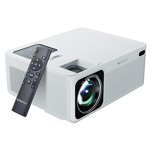 ZEBRONICS PIXAPLAY 58, Smart Projector, 11500 Lumens, 4K Support, 210 Inch Screen Size, Quad Core Processor, Bluetooth, HDMI, USB, WiFi, AUX, 1080p Native, APP Support, Miracast